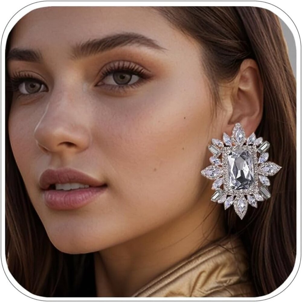 Silver Rhinestone Non Pierced Clip Earrings Glamorous Formal Statement Jewelry